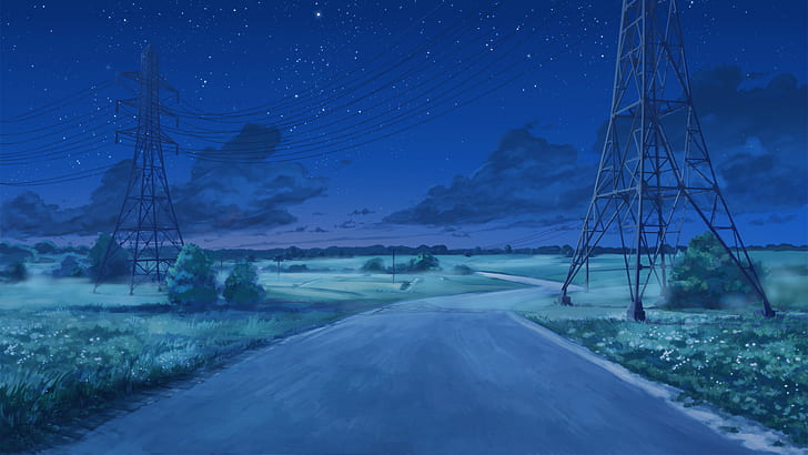 Everlasting Summer, ArseniXC, clouds, starry night, utility pole, power lines, HD wallpaper