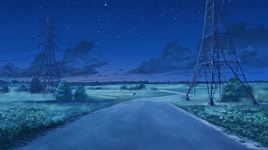 Eterno verão, ArseniXC, nuvens, noite estrelada, poste, linhas de energia, HD papel de parede HD wallpaper