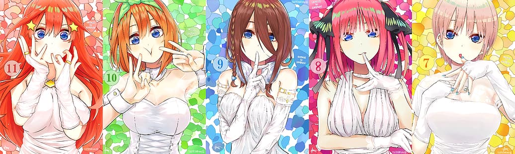 Anime, Anime Mädchen, 5-toubun no Hanayome, Nakano Itsuki, Nakano Yotsuba, Nakano Miku, Nakano Nino, Nakano Ichika, Hochzeitskleid, HD-Hintergrundbild HD wallpaper