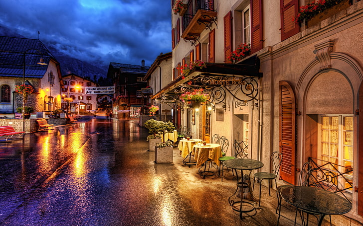 kahverengi bina, fotoğraf, köy, köyler, yağmur, sokak, ışıklar, gece, ev, Zermatt, Almanya, HD masaüstü duvar kağıdı