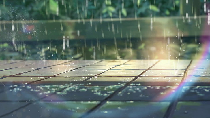 Makoto Shinkai, The Garden of Words, hujan, pelangi, trotoar, Wallpaper HD