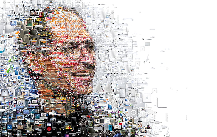 Steve Jobs, Mosaic art, iPhone, iPad, Apple computer, iPod Shuffle, MacBook Pro, iMac Pro, MacBook, iMac, 4K, 8K, HD wallpaper
