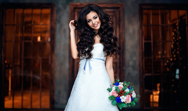 smiling, women, model, brides, wedding dress, HD wallpaper