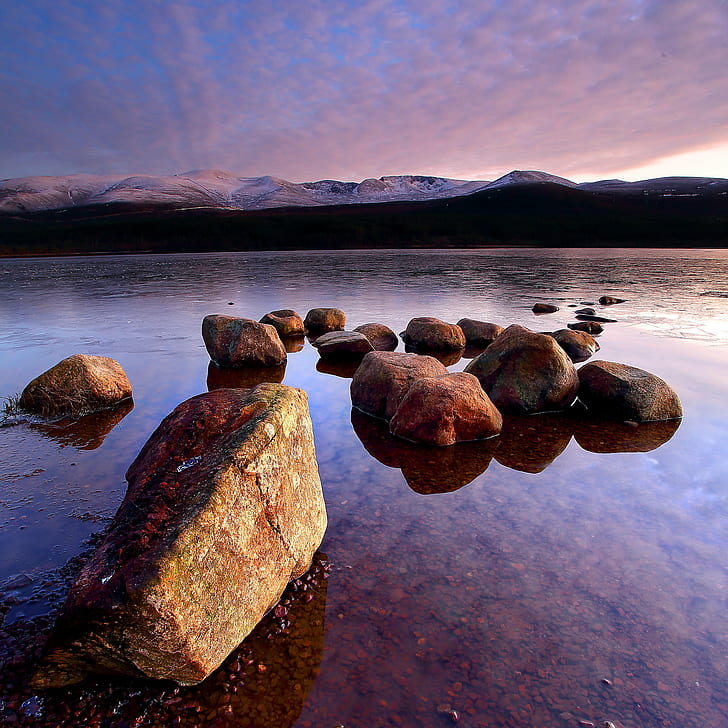 landscape photography of rocks on body of water, loch morlich, loch morlich, Loch Morlich, landscape photography, rocks, body of water, Scottish Highlands, Highlands  Scotland, Cairngorms, winter, ice, mountains, waterscape, reflection, reflections, clouds, sky, nature, rock - Object, water, sunset, outdoors, landscape, scenics, stone - Object, tranquil Scene, HD wallpaper