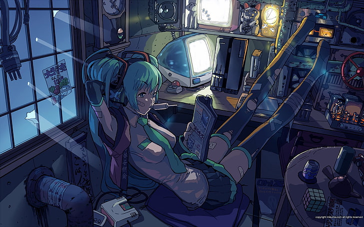 fond d'écran animé personnage féminin aux cheveux turquoise, anime, filles anime, Hatsune Miku, Vocaloid, ordinateur, Apple Inc., salle, Fond d'écran HD