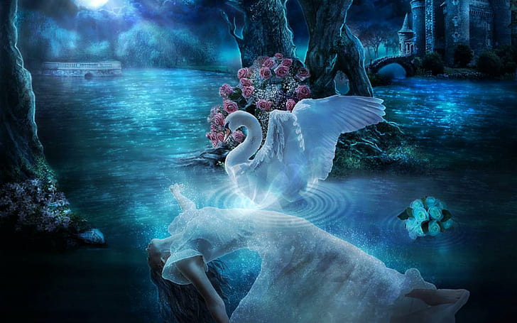 Swan Lake Night Blue Moon Flower Lady Desktop Wallpaper Hd, HD tapet