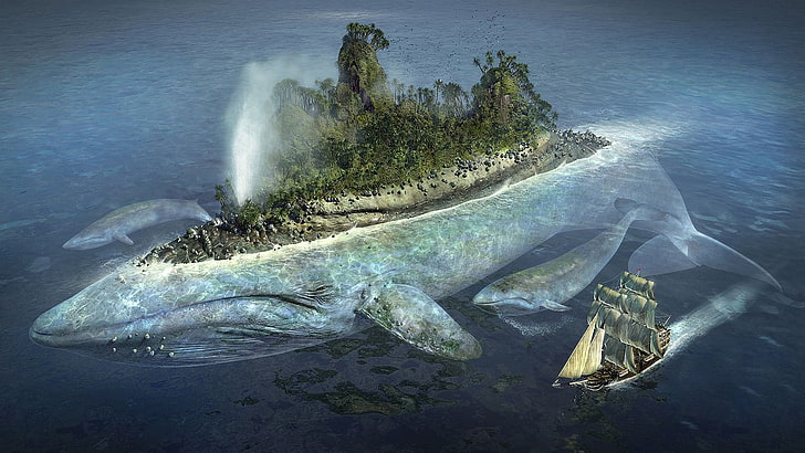 кораб, плаващ близо до остров с форма на кит, дигитален тапет, кит, остров, кораб, море, фентъзи изкуство, вода, HD тапет