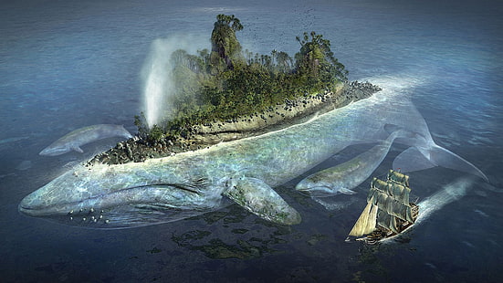 кораб, плаващ близо до остров с форма на кит, дигитален тапет, кит, остров, кораб, море, фентъзи изкуство, вода, HD тапет HD wallpaper