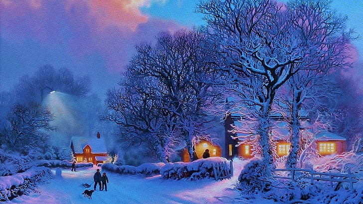 Artistic, Winter, Boy, Dog, House, Man, Snow, Street, Tree, HD wallpaper