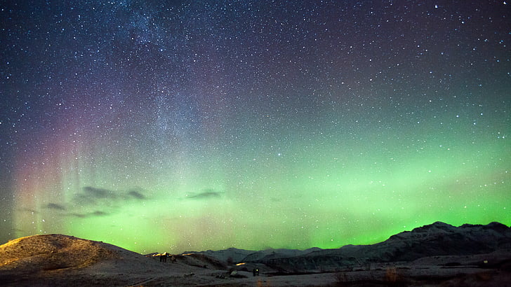 Исландия, 5k, 4k тапет, северно сияние, планини, нощ, звезди, HD тапет