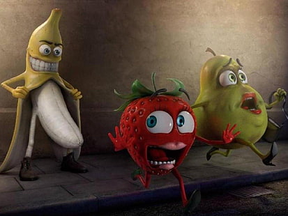 artwork, bananas, berry, danger, fruits, funny, panic, Pears, Running, Strawberries, streets, HD wallpaper HD wallpaper