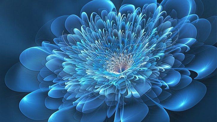 blue and white petaled flower, abstract, flowers, digital art, blue, HD wallpaper