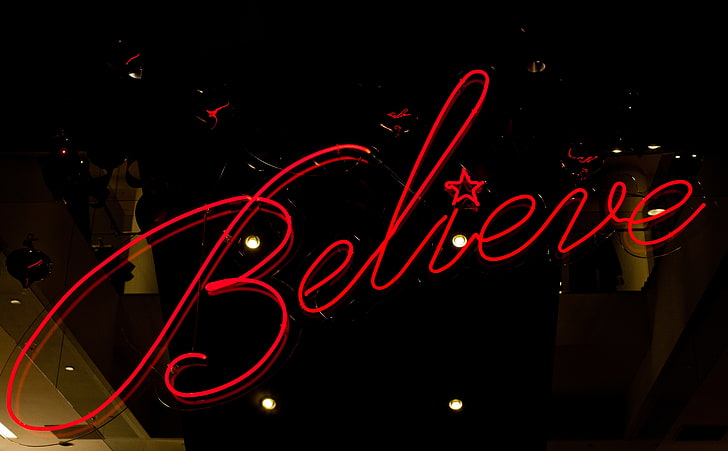 Believe, red believe text, Artistic, Typography, California, united states, san francisco, Neon, United States of America, Union Square, Macy, HD wallpaper
