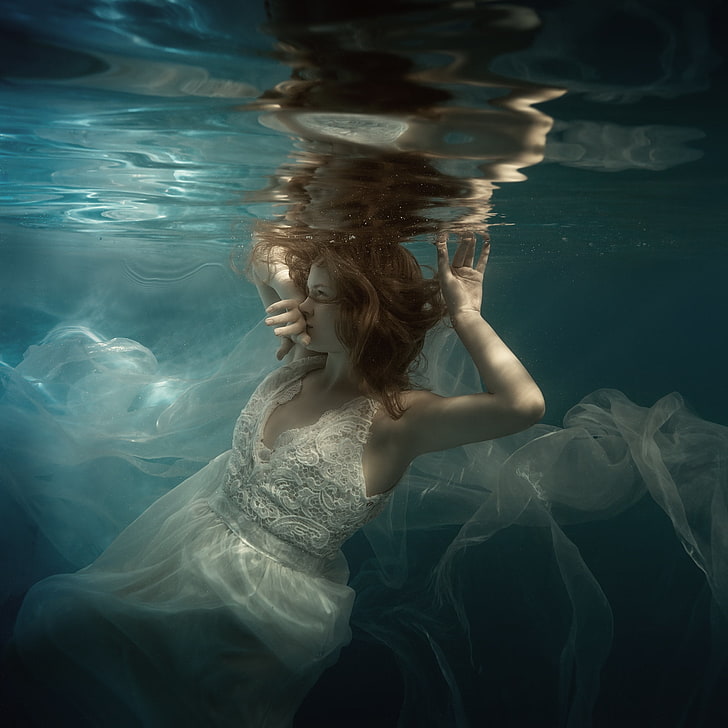 المرأة ، تحت الماء ، سمراء ، الدانتيل، خلفية HD