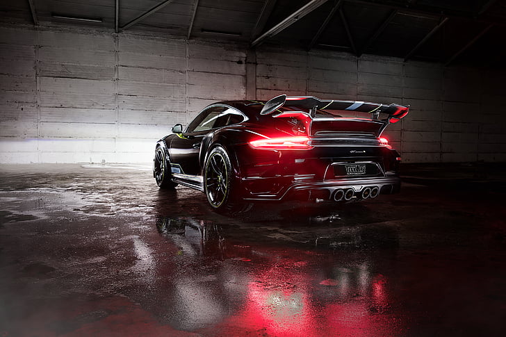 Porsche 911 nera all'interno del magazzino, Porsche 911 Turbo S GTStreet R, TechArt, 2017, Sfondo HD
