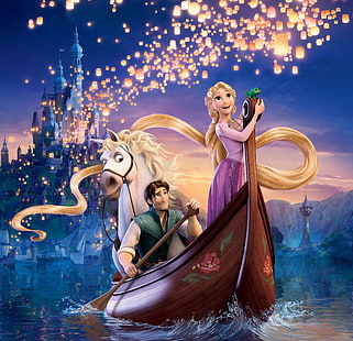 Disney Tangled wallpaper, wave, the sky, water, mountains, night, lights, chameleon, river, castle, horse, hair, ship, tower, Rapunzel, lanterns, Princess, Palace, the robber, Tangled, Pascal, Maximus, Flynn, HD wallpaper HD wallpaper