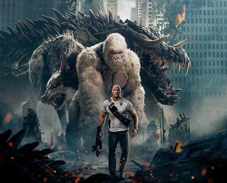 Vin Diesel, City, Action, Fantasy, Fire, Flame, White, Wolf, 2018, Dwayne Johnson, EXCLUSIVE, Movie, Kate, Film, Crocodile, Monsters, Adventure, Monkey, Claire, Buildings, Sci-Fi, Warner Bros. Pictures, Warner Bros., Houses, Giant, Naomie Harris, Malin Akerman, Huge, Towers, Destroyed, Ape, Gorilla, Davis, EXTENDED, New Line Cinema, Apartments, Dr., Creature, Okoye, RAMPAGE, Davis Okoye, The Wyden, LIZZIE, Primatologist, Extraordinarily, Fearsome, GEORGE, Caldwell, Intelligent, RALPH, HD wallpaper