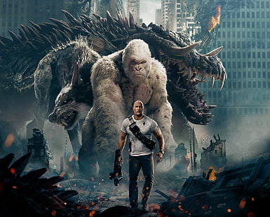 Vin Diesel, City, Action, Fantasy, Fire, Flame, White, Wolf, 2018, Dwayne Johnson, EXCLUSIVE, Movie, Kate, Film, Crocodile, Monsters, Adventure, Monkey, Claire, Buildings, Sci-Fi, Warner Bros. Pictures, Warner Bros., Houses, Giant, Naomie Harris, Malin Akerman, Huge, Towers, Destroyed, Ape, Gorilla, Davis, EXTENDED, New Line Cinema, Apartments, Dr., Creature, Okoye, RAMPAGE, Davis Okoye, The Wyden, LIZZIE, Primatologist, Extraordinarily, Fearsome, GEORGE, Caldwell, Intelligent, RALPH, HD wallpaper HD wallpaper