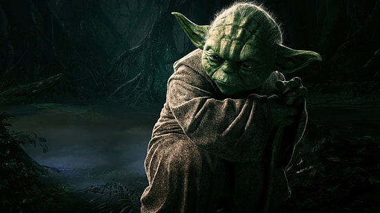 خلفية رقمية Master Yoda ، مشهد فيلم Star Wars Master Yoda ، Yoda ، Jedi ، Star Wars ، Dagobah ، عمل فني ، غامق، خلفية HD HD wallpaper