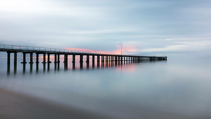 water, ocean, sea, sunset, pier, calm, horizon, jetty, HD wallpaper