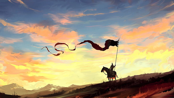 guerreiro, andar a cavalo com bandeira, papel de parede digital, bandeira, cavalo, soldado, cavaleiro, Dominik Mayer, obras de arte, arte da fantasia, céu, paisagem, HD papel de parede
