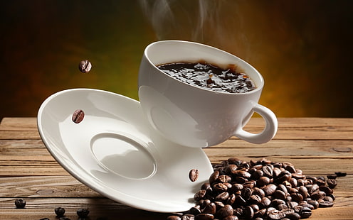 café, grãos de café, copo, bebida, HD papel de parede HD wallpaper