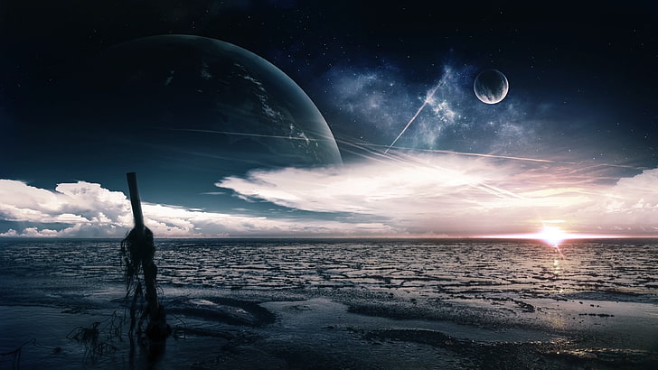 Gewässer- und Sonnenaufgangillustration, Landschaftsfoto von Ozean unter Mond, Raum, digitale Kunst, Raumkunst, Planet, Landschaft, HD-Hintergrundbild