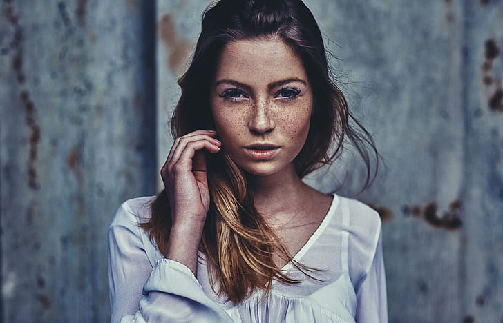 women, model, face, portrait, Martin Strauss, freckles, HD wallpaper