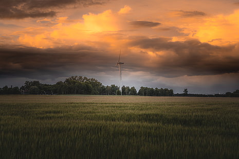 sunset, landscape, windmill, field, wind farm, overcast, HD wallpaper HD wallpaper