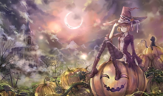 аниме, аниме девушки, хэллоуин, блондинка, замок, кот, облака, шляпа, луна, тыква, ведьма, бедра, HD обои HD wallpaper