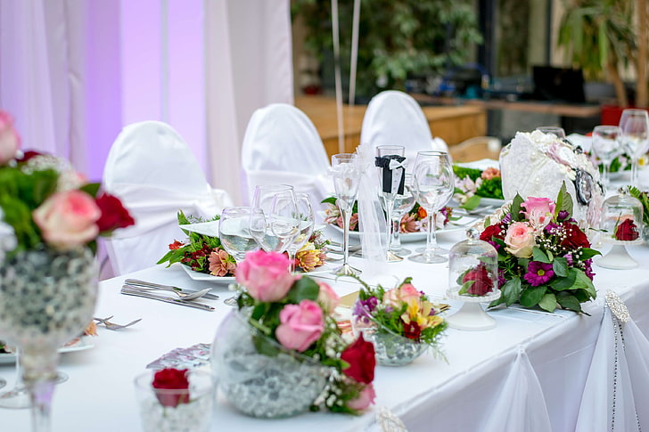 decoration, dinner, event, roses, seats, table, theme, wedding, white, wine glasses, HD wallpaper