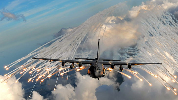 Lockheed Ac-130, militar, aviones, bengalas, guerra moderna, lockheed, avión, 1080i, ac-130, 1080p, nubes, aviones p, Fondo de pantalla HD