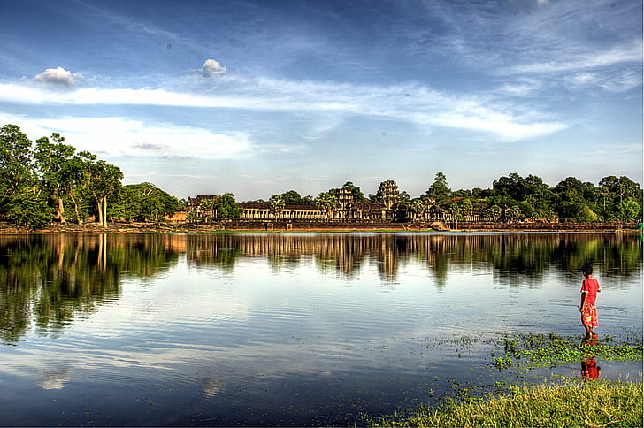 person in red shirt on green grass near body of calm water during daytime, fishing, time, person, red shirt, green grass, body, calm, water, daytime, cambodia, siem  reap, siem reap, angkor  temples, sunrise, colors, HDR, angkor wat, Suryavarman  II, history, ancient  civilization, SE Asia, trees, people, tourists, bare, south  east  asia, orient, projects, angkor, backpacking, nikon  d90, tree, river, nature, pond, outdoors, architecture, asia, HD wallpaper