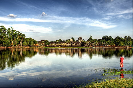person in red shirt on green grass near body of calm water during daytime, fishing, time, person, red shirt, green grass, body, calm, water, daytime, cambodia, siem  reap, siem reap, angkor  temples, sunrise, colors, HDR, angkor wat, Suryavarman  II, history, ancient  civilization, SE Asia, trees, people, tourists, bare, south  east  asia, orient, projects, angkor, backpacking, nikon  d90, tree, river, nature, pond, outdoors, architecture, asia, HD wallpaper HD wallpaper