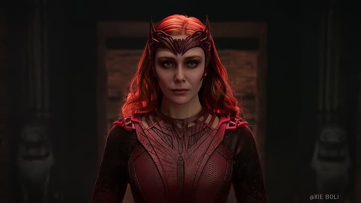 Xie Boli, CGI, wanita, Scarlet Witch, berambut merah, tiara, pakaian merah, potret, di dalam ruangan, Marvel Comics, Wallpaper HD, Wallpaper HD