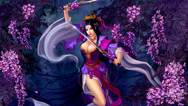 Asian Girl Woman Warrior Ungu Bunga Pedang Fantasi Seni Wallpaper HD 1920 × 1080, Wallpaper HD