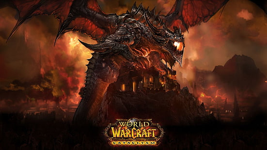 World of WarCraftデジタル壁紙、Deathwing、World of Warcraft：Cataclysm、World of Warcraft、ファンタジーアート、ビデオゲーム、ドラゴン、火、生き物、 HDデスクトップの壁紙 HD wallpaper