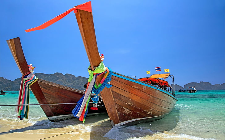 duas canoas de madeira marrons, natureza, barco, praia, HD papel de parede