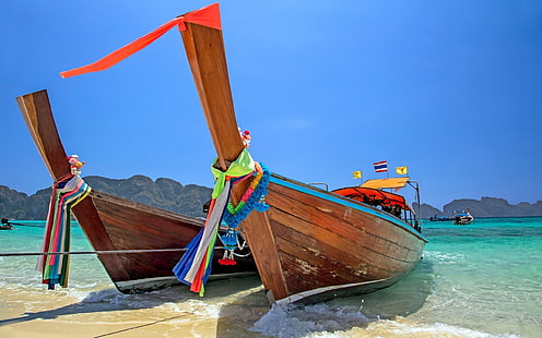 Dos canoas de madera marrón, naturaleza, barco, playa, Fondo de pantalla HD HD wallpaper