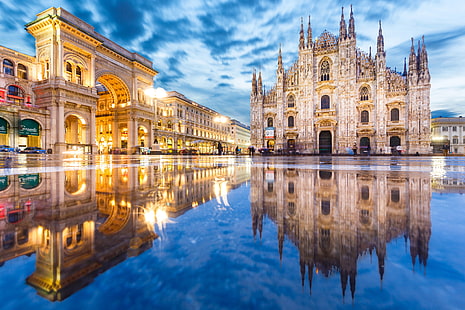 nuit, lumières, reflet, région, Italie, cathédrale, Milan, Duomo, Fond d'écran HD HD wallpaper