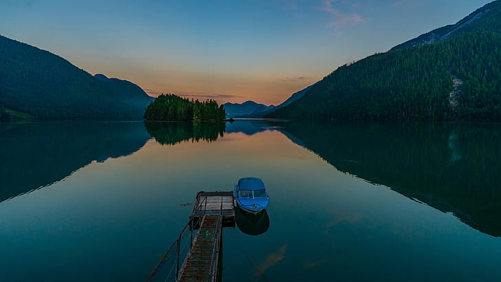 boat, reflection, nature, lake, mountain lake, sky, wilderness, island, pier, mountain, calm, HD wallpaper
