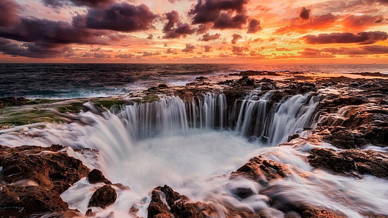 Erde, Ozean, Horizont, Fels, Meer, Sonnenuntergang, Thor's Well, HD-Hintergrundbild HD wallpaper