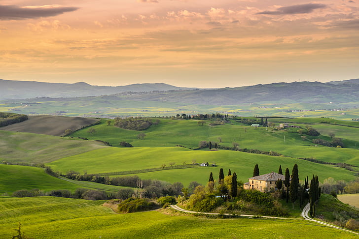 photo of yellow and brown concrete house surrounded with green trees and field of green grasses, val d'orcia, val d'orcia, Val d'Orcia, photo, yellow, brown, concrete, house, green, trees, field, grasses, Tuscany, Italy, Val  d'Orcia, Europe, hill, rural Scene, nature, landscape, cypress Tree, agriculture, summer, italian Culture, scenics, outdoors, landscaped, meadow, farm, sky, pienza, mountain, tree, non-Urban Scene, siena Province, sunset, HD wallpaper