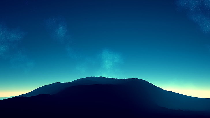 montanha e céu azul, silhueta da montanha sob o céu azul claro, fundo simples, natureza, montanhas, paisagem, céu, estrelas, minimalismo, ciano, azul, HD papel de parede