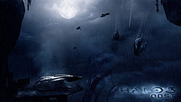 video games, Halo, Halo 3: ODST, rain, night, Moon, ODST, Banshee (Halo), Pelican (Halo), Covenant, HD wallpaper