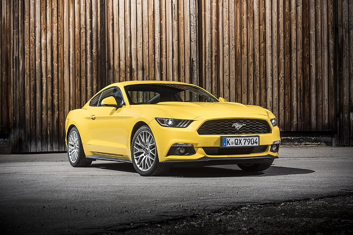 yellow Ford Mustang 5.0 coupe, ford, mustang, gt, eu-spec, yellow, side view, HD wallpaper