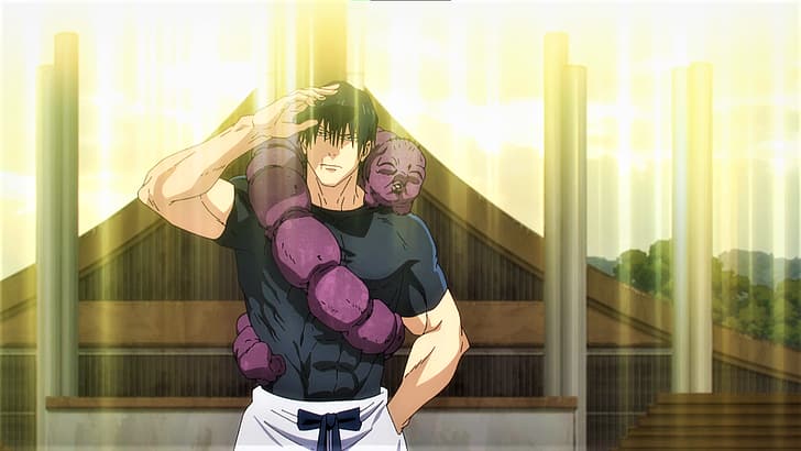 Jujutsu Kaisen, Fushiguro Toji, Sonnenlicht, Gebäude, Dämon, Dämonengesicht, Muskeln, Anime, Anime-Screenshot, Anime-Jungs, HD-Hintergrundbild