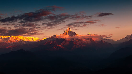 himalaya, nachglut, berg, himalaya, bergkette, wolke, pokhara, asien, nepal, HD-Hintergrundbild HD wallpaper
