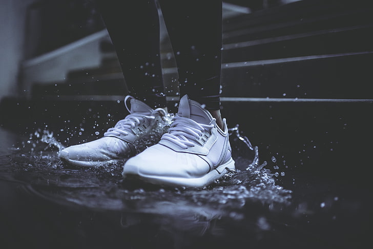 pair of white low-top sneakers, sneakers, legs, water, spray, HD wallpaper