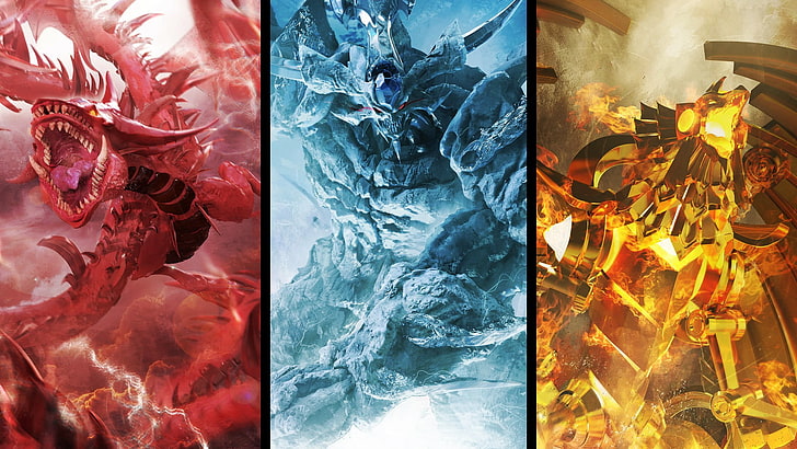 세 몬스터 캐릭터 디지털 벽지, 유희왕, Slypher, 오벨리스크, Ra, 신 카드, 콜라주, HD 배경 화면